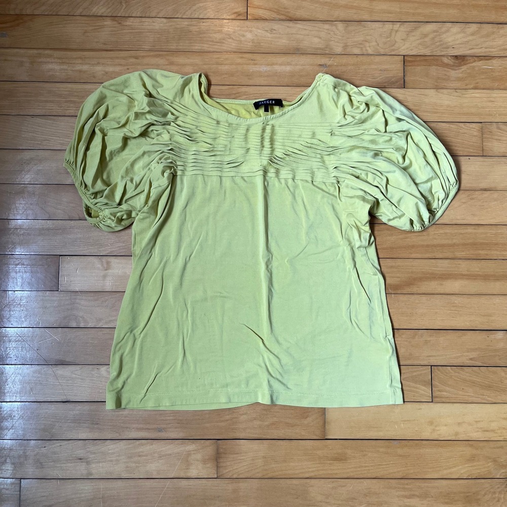 Jaeger Chartreuse Lime Green Pintuck Pleated Puff Sleeve Scoop Neck Top Blouse